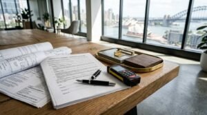 Home renovation contract, architectural floor plans, laser distance meter, and material samples on a table overlooking a modern city skyline