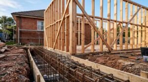 House extension construction with timber wall framing, reinforced concrete foundation, and residential home renovation in progress