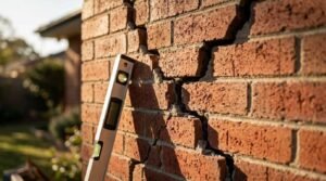 Severe stair-step crack in a red brick exterior foundation wall being measured with an aluminum spirit level in natural daylight.