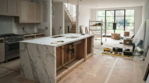 Modern open-plan kitchen and living area under renovation with a white marble waterfall island, unfinished cabinetry, exposed wiring, construction tools, and large black-framed patio doors