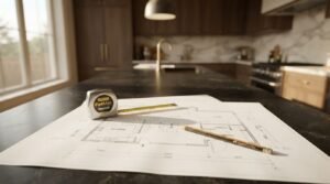Kitchen floor plan architectural drawing on a dark quartz island with a tape measure and drafting pencil