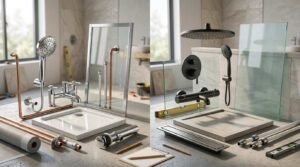 Split-panel comparison of basic vs high-end shower components on a workbench, showing traditional chrome exposed fixtures and an acrylic tray alongside modern matte black thermostatic tapware, a stone base, linear drain, and frameless glass panel.