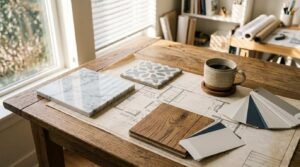 Interior designer workspace with home renovation floor plans, wood and marble samples, paint swatches, and coffee on a wooden table