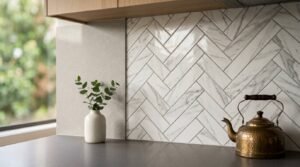 Kitchen splashback ideas with marble herringbone tiles and modern contemporary cabinetry
