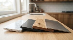 Kitchen countertop material samples including white marble, black granite, natural oak wood, and brushed stainless steel on a butcher block surface