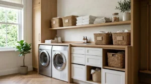 Modern laundry room renovation with custom storage cabinets, front-load washer and dryer, and organized shelving