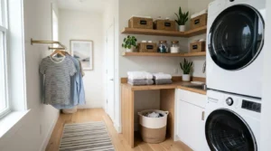 Modern laundry room layout with stacked front-load washer and dryer, floating wood shelves, built-in folding station, hanging clothes rail, utility sink, and organized storage baskets