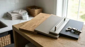 Laundry room cabinet door samples, hardware, and finish materials for custom cabinetry design and renovation