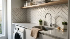 Small modern laundry room with quartz benchtop, herringbone tile splashback, stainless steel utility sink, chrome faucet, floating wood shelf, and built-in front-load washing machine