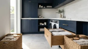 Modern laundry room with navy blue shaker cabinets, open storage drawer, woven baskets, built-in washer and dryer, and custom cabinetry for organized laundry room design