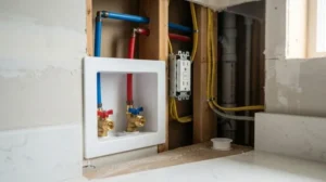 Laundry room plumbing and electrical rough-in with recessed washer outlet box, PEX water supply lines, electrical outlet, drain pipe, and exposed wall framing during a home renovation