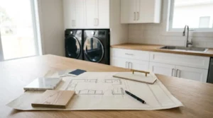 Laundry renovation planning with floor plan, wood and marble material samples, cabinet hardware, and a modern laundry room design in the background