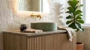 Fluted oak bathroom vanity with a green terrazzo vessel basin, wall-mounted brushed brass tap, arched back-lit mirror, and off-white Zellige wall tiles