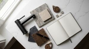 Bathroom design flat lay with a matte black basin faucet, travertine and slate tiles, oak wood sample, leather measuring tapes, fountain pen, and an open notebook on white quartz