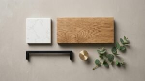Bathroom vanity materials flat lay with a white quartz swatch, natural oak wood block, matte black handle pull, brushed brass knob, and eucalyptus sprig