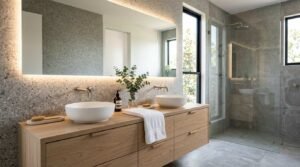 High-end ensuite bathroom featuring a floating oak double vanity, vessel sinks, LED back-lit mirror, grey terrazzo wall, and walk-in glass shower