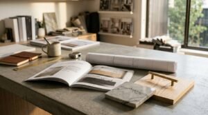 Interior designer workspace with an open catalog showcasing bathroom vanities, rolled blueprints, a marble tile swatch, oak finish sample, and brass T-bar handle on a concrete desk
