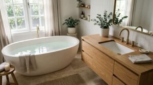 Modern bathroom featuring a stone freestanding oval bathtub, oak wood vanity with undermount sink, brushed brass gooseneck faucets, and white vertical kit-kat wall tiles