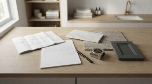 Laundry room renovation planning with cabinet door sample, benchtop materials, architectural drawings, measuring tape, and pen on a wooden work surface
