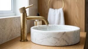 Tall brushed brass single-lever basin mixer tap pouring water into a round Carrara marble vessel sink on a light oak counter