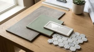 Bathroom tile material palette featuring a large grey concrete-look tile, sage green square tile, glossy white sub-tile with raised border, and marble hexagon mosaic on an oak desk
