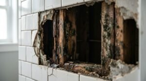 Severely rotting timber wall studs covered in green mould behind broken white bathroom tiles due to water damage
