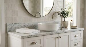 White shaker bathroom vanity with Carrara marble countertop, round vessel sink, brushed nickel gooseneck faucet, circular mirror, and Zellige wall tiles