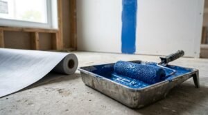 Paint roller in a metal tray with blue liquid waterproofing membrane next to a roll of waterproofing fabric mesh on a concrete floor during bathroom construction