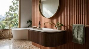 Upscale Sydney bathroom featuring a terracotta fluted tile feature wall, curved timber vanity, terrazzo countertop, brushed brass tapware, and a freestanding soaking tub