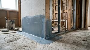 Grey liquid waterproofing membrane applied along wall-to-floor joint with mesh reinforcement tape in an internal corner during bathroom construction