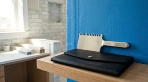 Stainless steel wet film thickness gauge sitting on a black leather case against a blue waterproofed wall during a bathroom inspection