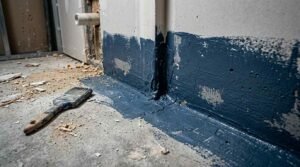 Flawed waterproofing application with cracked liquid membrane along a wall joint and a paintbrush on a dusty concrete floor