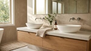 Modern floating double vanity in a bathroom with a white quartz countertop, dual oval vessel sinks, wall-mounted chrome faucets, and warm beige stone wall tiles