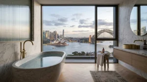 Luxury bathroom with freestanding bathtub overlooking Sydney Opera House and Sydney Harbour Bridge waterfront views