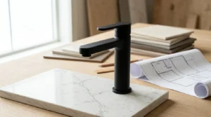 Matte black bathroom faucet displayed on a marble countertop with architectural plans and design samples