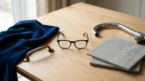 Kitchen and bathroom renovation materials including faucet, cabinet handle, tile samples, and eyeglasses on a wooden table