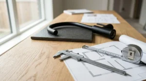 Matte black kitchen faucet with architectural floor plans and measuring tools for a home renovation project