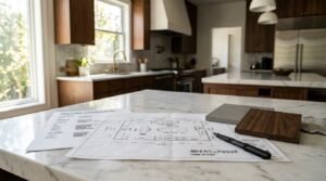 Architectural material specification sheets and kitchen floor plan blueprint on a white marble island countertop alongside a walnut wood block, grey quartz swatch, mosaic tile sheet, and matte black pen in an open-concept kitchen.