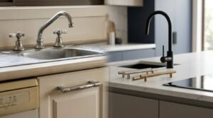 Split-screen before and after kitchen renovation comparison showing an outdated sink setup with chrome three-piece taps and yellowed dishwasher alongside a modern stone island featuring a matte black gooseneck tap, undermount sink, and brushed brass and nickel T-bar handles.