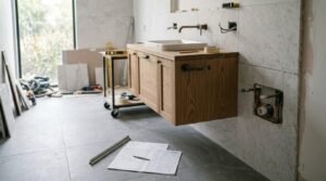 Wall-hung timber vanity installation in progress with semi-recessed basin, rough-in plumbing pipes, exposed electrical wiring, and architectural specification sheets with a folding ruler on grey porcelain floor tiles.