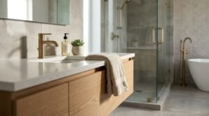 Contemporary luxury bathroom featuring a floating light oak vanity with a white quartz top, undermount basin, and brushed brass mixer tap, leading to a frameless glass shower enclosure and a freestanding bathtub with a floor-mounted brass spout.