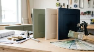 Kitchen design specification board featuring shaker, raised panel, and flat-panel door profiles in forest green, navy, white, and greige, alongside Calacatta marble, terrazzo, and rattan webbing.