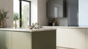 Modern minimalist kitchen island featuring seamless matte olive-green flat-panel cabinetry, a Calacatta marble benchtop, brushed brass gooseneck tap, and ceramic styling bowl, set against cream handleless base cabinets and smoked-glass overhead storage.
