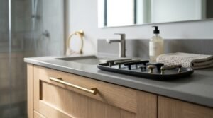 Modern bathroom vanity with light oak timber shaker joinery and grey stone top, displaying a long brushed brass bar handle installed on the drawer, alongside a black tray holding an array of brushed nickel, matte black, antique brass, and chrome handles and knobs.