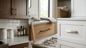 Three-panel joinery hardware comparison displaying vertical brass T-bar handles on walnut cabinets, a matte black pull on a floating oak vanity with handle size template cards, and a brushed nickel cup pull on white shaker drawers.