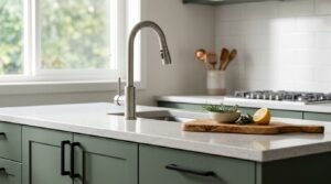 Brushed nickel pull-down gooseneck faucet mounted over an undermount sink on a white speckled quartz island, paired with muted green shaker cabinetry with matte black handles, an olive wood cutting board, and fresh culinary herbs.