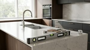 Precision kitchen benchtop installation showing a heavy-duty spirit level and tape measures on a white quartz waterfall island with an undermount double sink and brushed nickel tap, alongside timber and stone material samples, with charcoal cabinetry in the background.