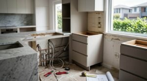 Unfinished kitchen renovation site showing exposed copper plumbing pipes, electrical wiring, cut marble countertop edges, open flat-panel cabinet carcasses, hand tools, and floor blueprints.