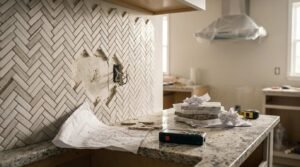 Damaged herringbone marble mosaic kitchen splashback with an exposed hole revealing raw substrate and electrical wiring, placed above granite benchtops with marked-up blueprints, digital laser measurer, stone offcuts, and crumpled paper during an active remodel.