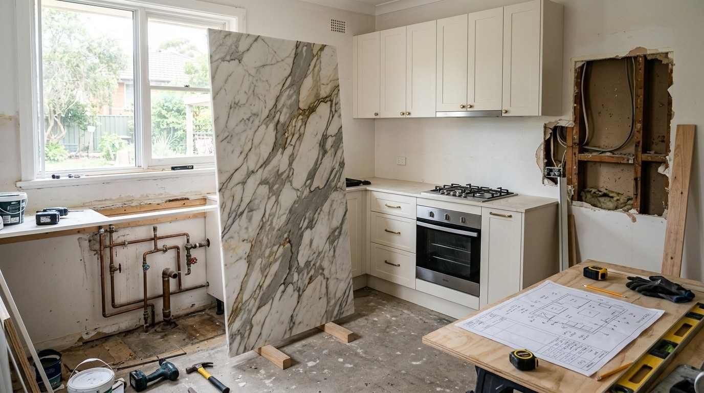 Sydney kitchen renovation illustrating common budget mistakes, including expensive stone, existing service locations, unexpected wall conditions, and the need for contingency planning.